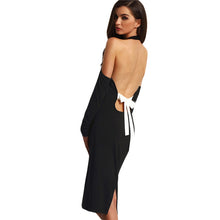 COLROVIE Sexy Women Backless Bodycon Pencil Dress Hollow Out Woman New Arrival Black Open Shoulder Long Sleeve Bow Halter Dress
