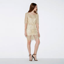 HDY Haoduoyi Golden Wave Sequin Lace Dress Women Backless Bla Sheer Shift Dresses Cut Out Sequin Mesh Straight Dress Vestidos