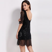 HDY Haoduoyi Golden Wave Sequin Lace Dress Women Backless Bla Sheer Shift Dresses Cut Out Sequin Mesh Straight Dress Vestidos