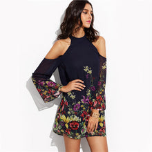 Sheinside Ladies Navy Flower Print Keyhole Round Neck Cold Shoulder Long Sleeve Cut Out Shift Mini Dress