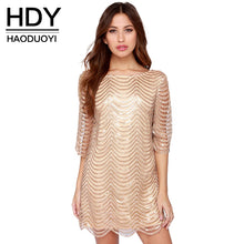 HDY Haoduoyi Golden Wave Sequin Lace Dress Women Backless Bla Sheer Shift Dresses Cut Out Sequin Mesh Straight Dress Vestidos