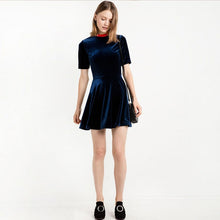 HDY Haoduoyi Fashion Velvet Mini Dress Women Short Sleeve Female A-line Dress Preppy Style High Waist Ladies Casual Dress