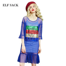 ELF SACK 2017 spring women new fashion vintage dress metallic printing female sexy mesh punk style dresses with flare sleeve