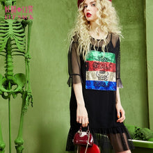 ELF SACK 2017 spring women new fashion vintage dress metallic printing female sexy mesh punk style dresses with flare sleeve