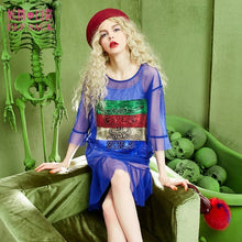 ELF SACK 2017 spring women new fashion vintage dress metallic printing female sexy mesh punk style dresses with flare sleeve