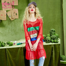 ELF SACK 2017 spring women new fashion vintage dress metallic printing female sexy mesh punk style dresses with flare sleeve