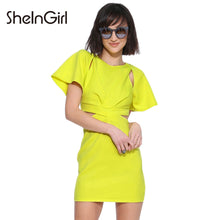 SheInGirl 2016 Office Lady Fashion Women Solid Yellow ButterFly  Waist Hollow Pleated Shaping Bodycon Dress
