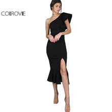 COLROVIE Black Party Dress 2017 Women One Shoulder Frill Peplum Hem Sexy Elegant Summer Dresses Slim Ruffle Split Bodycon Dress