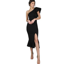 COLROVIE Black Party Dress 2017 Women One Shoulder Frill Peplum Hem Sexy Elegant Summer Dresses Slim Ruffle Split Bodycon Dress