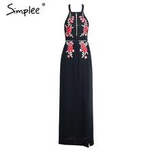 Simplee Embroidery chiffon halter backless sexy dress Women summer 2017 evening long dress Party elegant black vintage dress