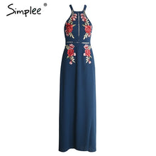 Simplee Embroidery chiffon halter backless sexy dress Women summer 2017 evening long dress Party elegant black vintage dress