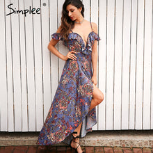 Simplee Vintage boho beach summer dress women Ruffle backless sexy  long dress Split chiffon zipper maxi dress vestidos sundress