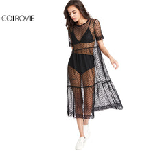 COLROVIE Tiered Sheer Dobby Mesh Dress Summer New Fashion Dress Women Beach Style Boho Short Sleeve A Line Dress