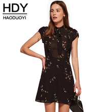 HDY Haoduoyi 2017 Fashion Summer Women Dress Vintage A-line Print Short Sleeve Mini Dress Empire O-neck Solid Black Vestidos