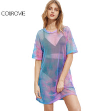 COLROVIE Multicolor Tie Dye Fishnet Summer Dress 2017 Casual Drop Shoulder Women Mini Shift Dresses Sexy Semi Sheer Tee Dress