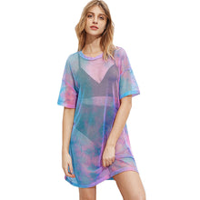 COLROVIE Multicolor Tie Dye Fishnet Summer Dress 2017 Casual Drop Shoulder Women Mini Shift Dresses Sexy Semi Sheer Tee Dress