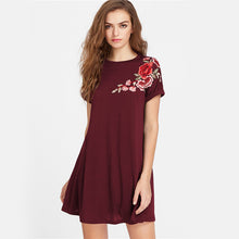 Sheinside Floral Swing Tee Dress Burgundy Vintage Embroidery Women Boho Summer Dresses 2017 Fashion Applique Casual A Line Dress