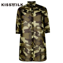 Kissmilk Plus Size Women Chiffon Camo Camouflage Shirt Dress 3/4 Sleeve Boyfriend Longline Shirt Big Size Dress 3XL 4XL 5XL 6XL