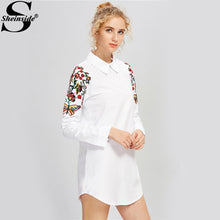 Sheinside White Embroidery Shirt Dress Vintage Shoulder 2017 Lapel Long Sleeve Summer Dress Women Zip Back Elegant Mini Dress
