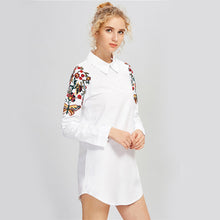 Sheinside White Embroidery Shirt Dress Vintage Shoulder 2017 Lapel Long Sleeve Summer Dress Women Zip Back Elegant Mini Dress