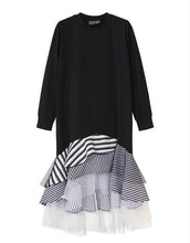 TWOTWINSTYLE 2017 Women Long Sleeve T Shirt Midi Dress Patchwork Stripe Mesh Ruffle Flare Asymmetrical Hem Pullover Casual