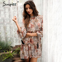 Simplee Boho print tassel chiffon summer dress Ruffle hollow out long sleeve short dress Vintage loose women dress vestidos