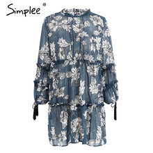 Simplee Boho print tassel chiffon summer dress Ruffle hollow out long sleeve short dress Vintage loose women dress vestidos