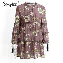 Simplee Boho print tassel chiffon summer dress Ruffle hollow out long sleeve short dress Vintage loose women dress vestidos