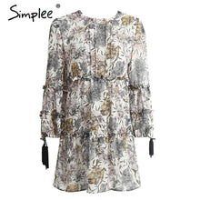 Simplee Boho print tassel chiffon summer dress Ruffle hollow out long sleeve short dress Vintage loose women dress vestidos
