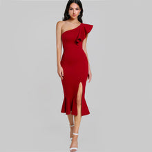 COLROVIE Slit Fishtail Summer Party Dress Burgundy One Shoulder 2017 Women Sexy Flounce Midi Dresses Elegant Empire Club Dress