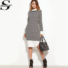 Sheinside Houndstooth Contrast Curved Hem Combo Dress Ladies Knee Length Long Sleeve Elegant Dress With Zip Work Wear Dress