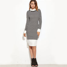 Sheinside Houndstooth Contrast Curved Hem Combo Dress Ladies Knee Length Long Sleeve Elegant Dress With Zip Work Wear Dress