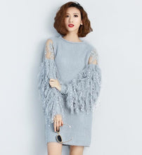[TWOTWINSTYLE] 2017 Autumn Winter Fur Spliced Long Sleeves Knitted Sweaters Dress Women New Fashion Clothing Pullovers Gray