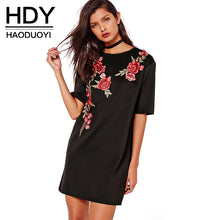 HDY Haoduoyi Women Rose Embroidery Short T-shirt Dress Black Crewneck Short Sleeves Punk Casual Loose Fit Night Party Dress