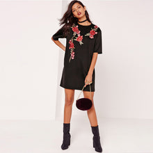 HDY Haoduoyi Women Rose Embroidery Short T-shirt Dress Black Crewneck Short Sleeves Punk Casual Loose Fit Night Party Dress