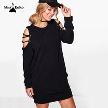 Misskoko Fashion Women Plus Size  Casual Cottons Dress Cut Out Lace Up Cold Shoulder Leisure Autumn Solid Mini Dress