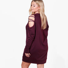 Misskoko Fashion Women Plus Size  Casual Cottons Dress Cut Out Lace Up Cold Shoulder Leisure Autumn Solid Mini Dress