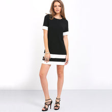 Sheinside Ladies Color Block Casual Mini Dresses New Autumn Style Black White Patchwork Crew Neck Short Sleeve Shift Dress