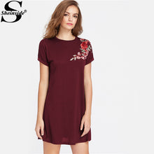 Sheinside Floral Swing Tee Dress Burgundy Vintage Embroidery Women Boho Summer Dresses 2017 Fashion Applique Casual A Line Dress
