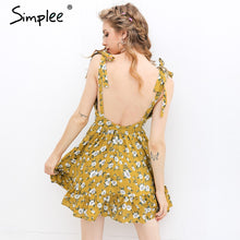 Simplee Sexy backless padded print summer dress women Summer v neck beach dresses Boho strap yellow short dress