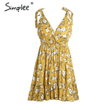 Simplee Sexy backless padded print summer dress women Summer v neck beach dresses Boho strap yellow short dress