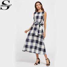 Sheinside Navy Waist Self Tie Bow Plaid Dress Casual Boat Neck Sleeveless Plaid Dress 2017 Summer Women Cute Maxi Dress
