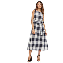Sheinside Navy Waist Self Tie Bow Plaid Dress Casual Boat Neck Sleeveless Plaid Dress 2017 Summer Women Cute Maxi Dress