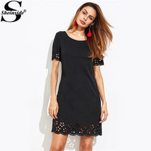 Sheinside Scallop Laser Cut Keyhole Back Dress Black Round Neck Short Sleeve Cute Dress 2017 Ladies Casual Summer Dress