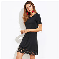 Sheinside Scallop Laser Cut Keyhole Back Dress Black Round Neck Short Sleeve Cute Dress 2017 Ladies Casual Summer Dress