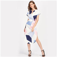 Sheinside Patchwork V Cut Geometry Print Dress Side Split Curved Hem Casual Dress 2017 Short Sleeve Elegant With Belt Midi Dress