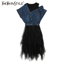 TWOTWINSTYLE 2017 Tulle Denim Summer Dress Tunic Female Jean Dresses for Women Casual Bandage Sexy Off Shoulder Big Size Clothes