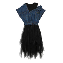 TWOTWINSTYLE 2017 Tulle Denim Summer Dress Tunic Female Jean Dresses for Women Casual Bandage Sexy Off Shoulder Big Size Clothes