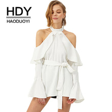 HDY Haoduoyi Solid Color Women Mini Dress Off Shoulder Halter Ruffles Full Butterfly Sleeve Lady Vestidos Casual Female De Festa