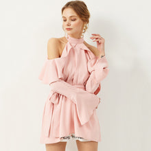 HDY Haoduoyi Solid Color Women Mini Dress Off Shoulder Halter Ruffles Full Butterfly Sleeve Lady Vestidos Casual Female De Festa